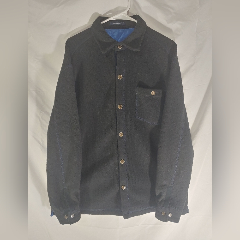 Tommy Bahama Black Ribbed Fleece Shirt Jacket w/Blue Lining & Stitching Men's L
